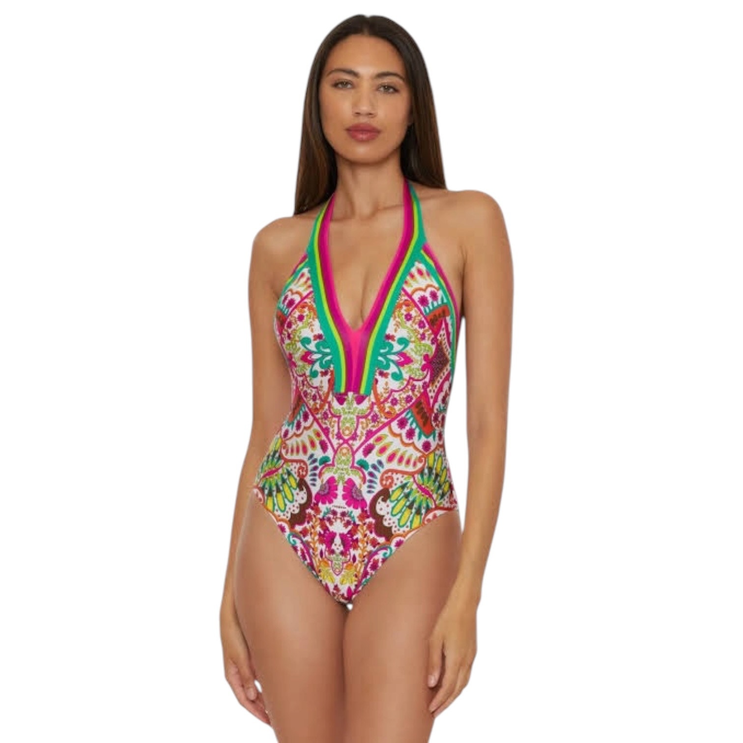 Trina Turk Hawaiian Garden Border Halter Plunge One Piece Swimsuit